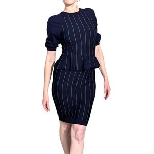Karen Millen Tailored Navy Pinstripe Peplum Knit Sheath Dress Career Womens Sz 2